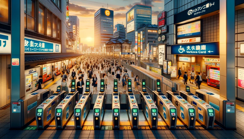 A panoramic view of a lively Japanese train station during evening rush hour, showing a wide array of passengers using ICOCA IC cards at automatic tic