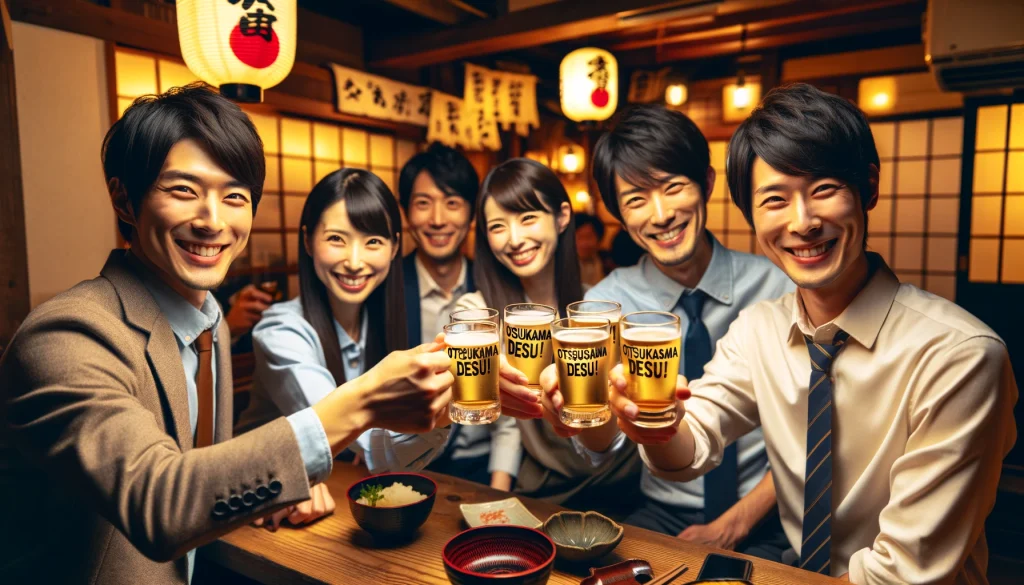 DALL·E 2024-02-23 17.54.01 - A group of Japanese coworkers celebrating in an izakaya after work, raising their glasses of beer in a toast, smiling and saying Otsukaresama desu!