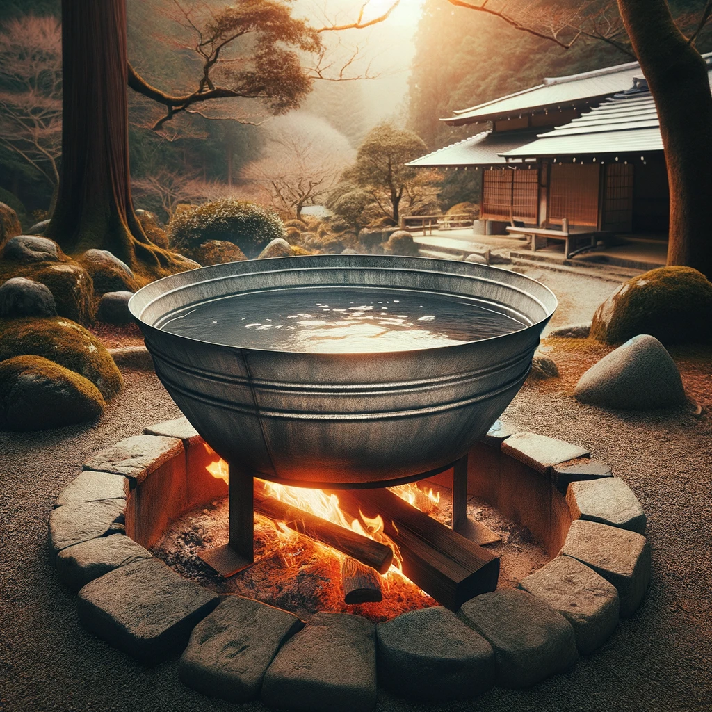 DALL·E-2024-03-05-12.38.42-A-traditional-Japanese-Goemon-bath-an-old-fashioned-round-metal-bathtub-set-over-an-open-fire-in-an-outdoor-rustic-setting.-The-bath-is-heated-dire