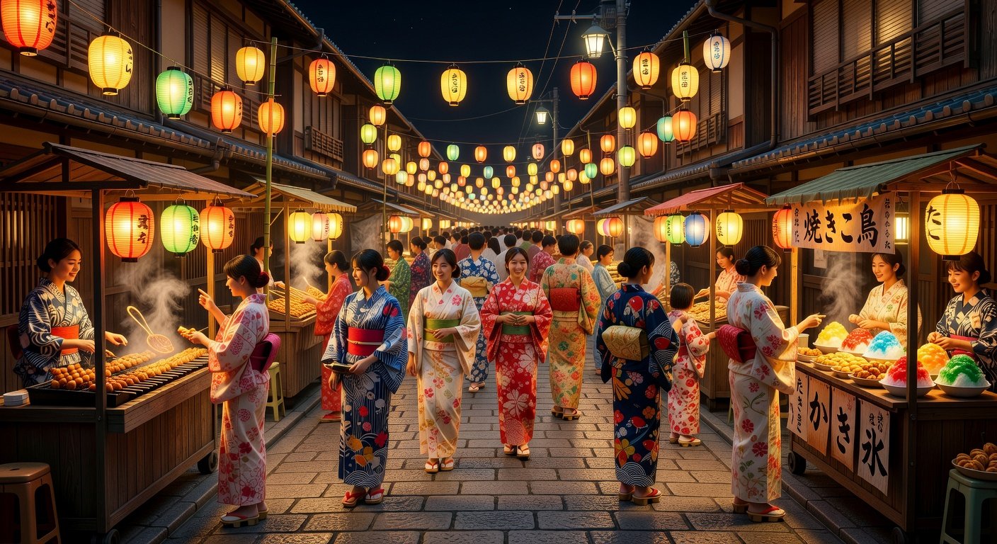 Festival japonais avec lanternes et participants en yukata
