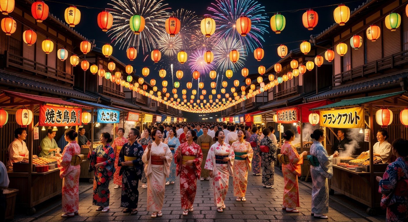 Festival japonais avec lanternes et participants en yukata