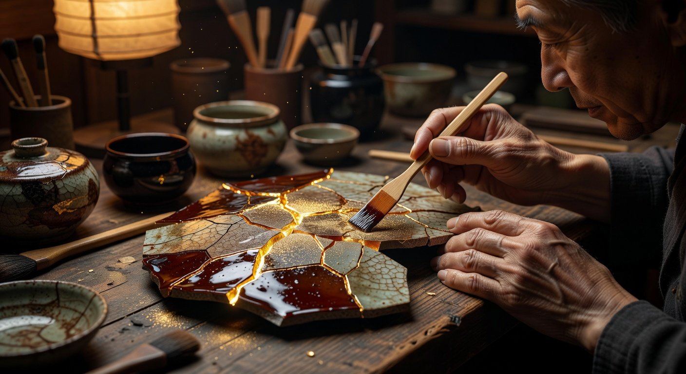 Artisan pratiquant le kintsugi sur une céramique brisée