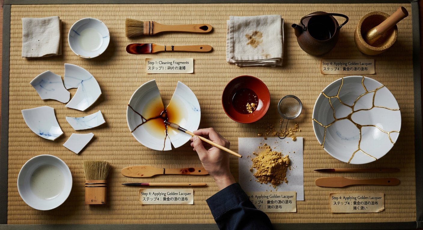 Processus détaillé de réparation kintsugi avec laque dorée
