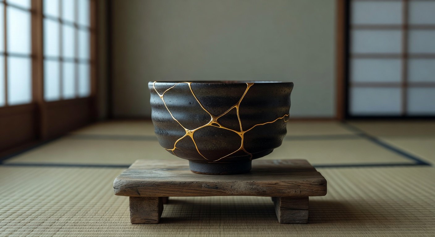 Bol de thé japonais réparé avec la technique du kintsugi