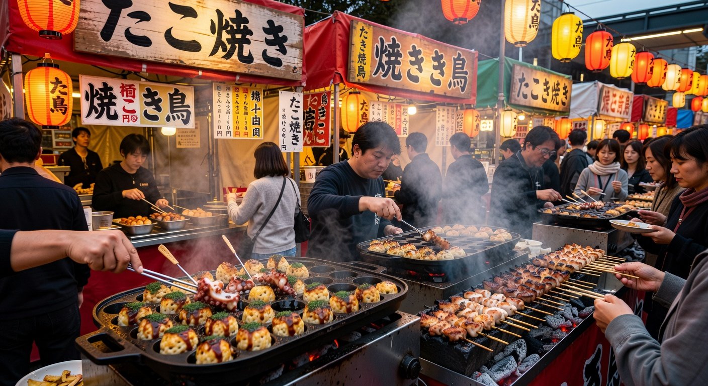 Street food japonaise avec takoyaki et yatai
