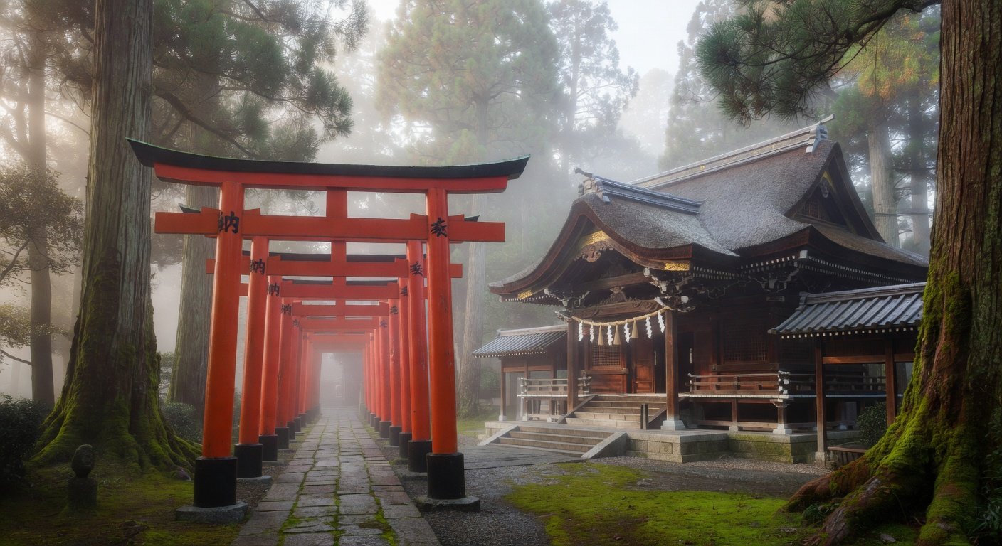 Temple japonais traditionnel avec lanternes rouges