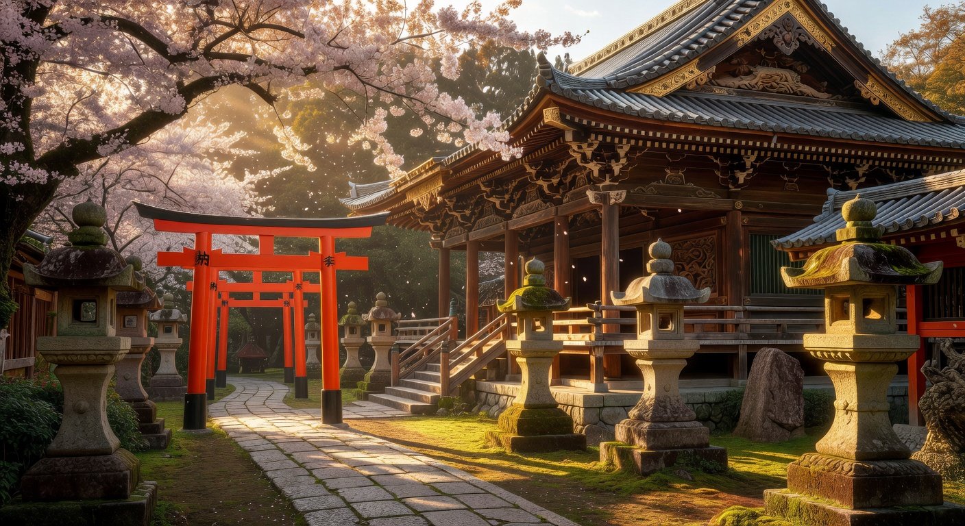 Temple japonais traditionnel avec lanternes rouges